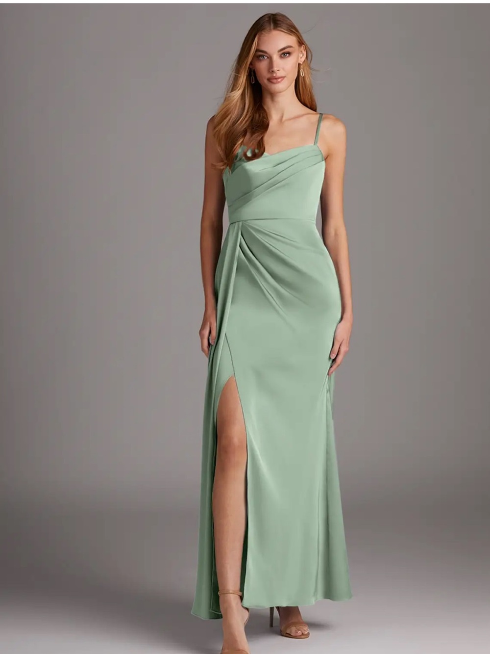 Azazie Sage Green Satin Draped Spaghetti Strap Gown - Picture 14 of 16